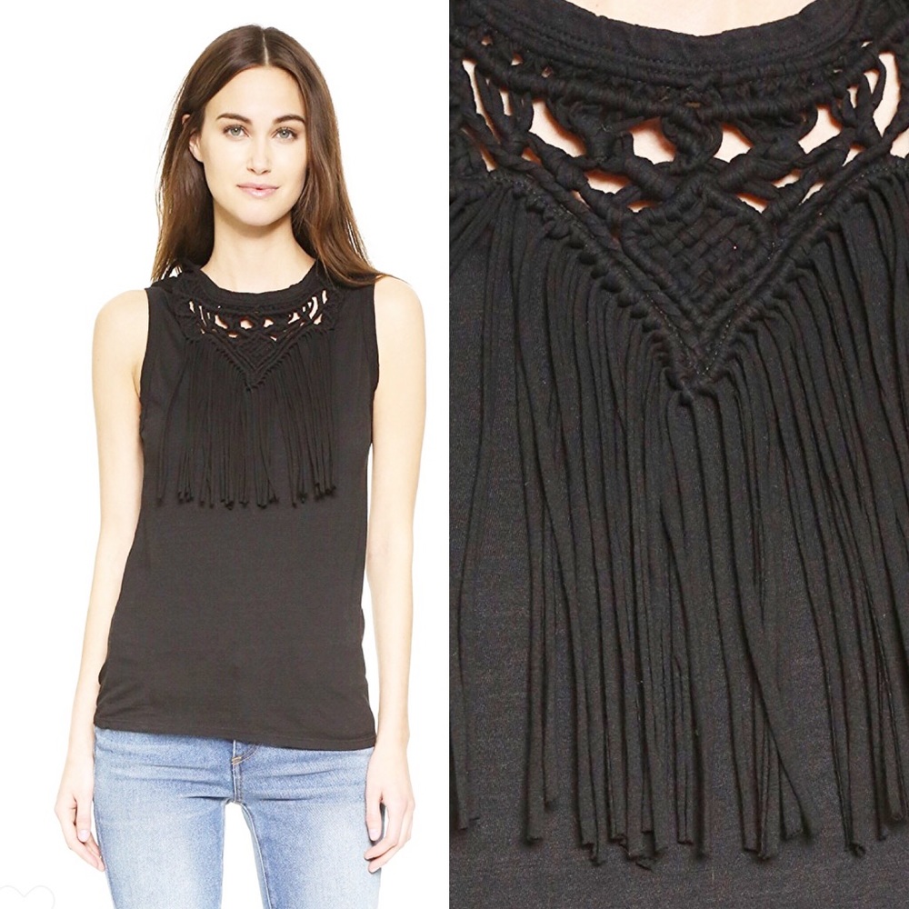 Pam & Gela black sleeveless top, crochet fringe